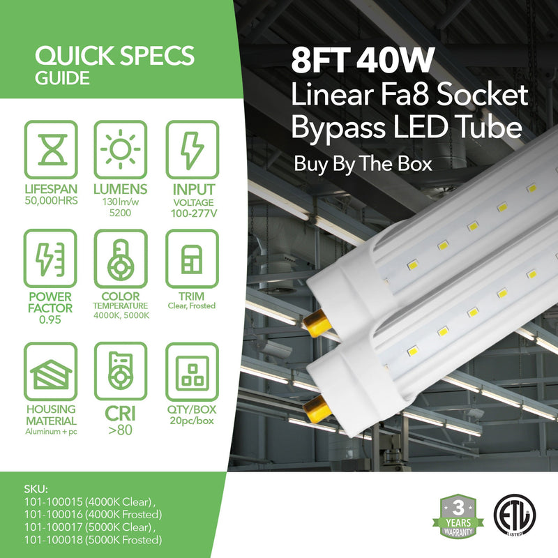 8ft 40W LED Linear Tube - 20 Pack - Fa8 Socket - Bypass - (ETL)