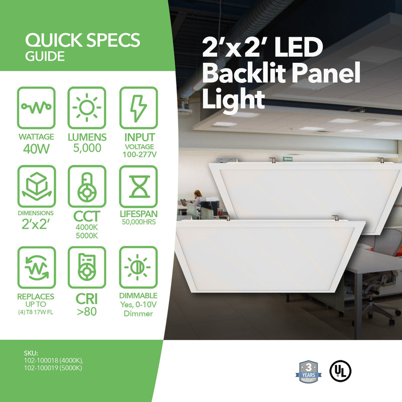 2' x 2' 40W LED Panel Light - Pack OF 2 - LED Backlit Panel - 125lm/w - (UL) - Dimmable