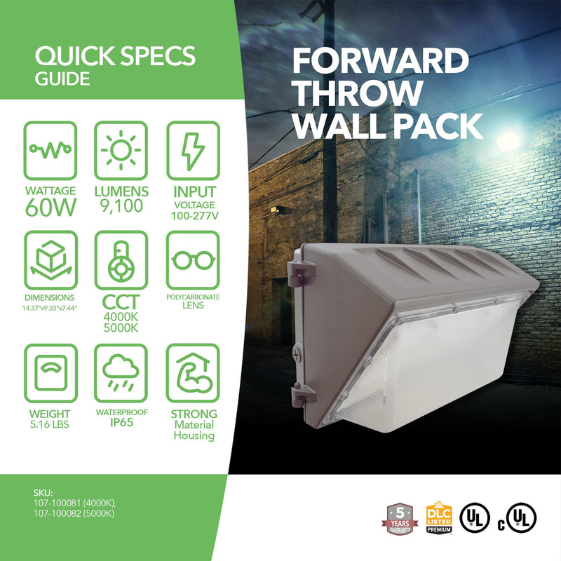 LED Wall Pack Light - 60W - 9,100 Lumens - Photocell Included - SWP3 - Forward Throw - DLC Listed