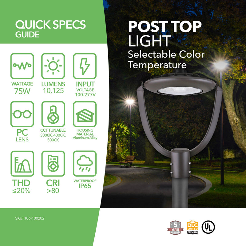 LED Post Top Light - Selectable Color Temperature - 75W - Black - Shorting Cap