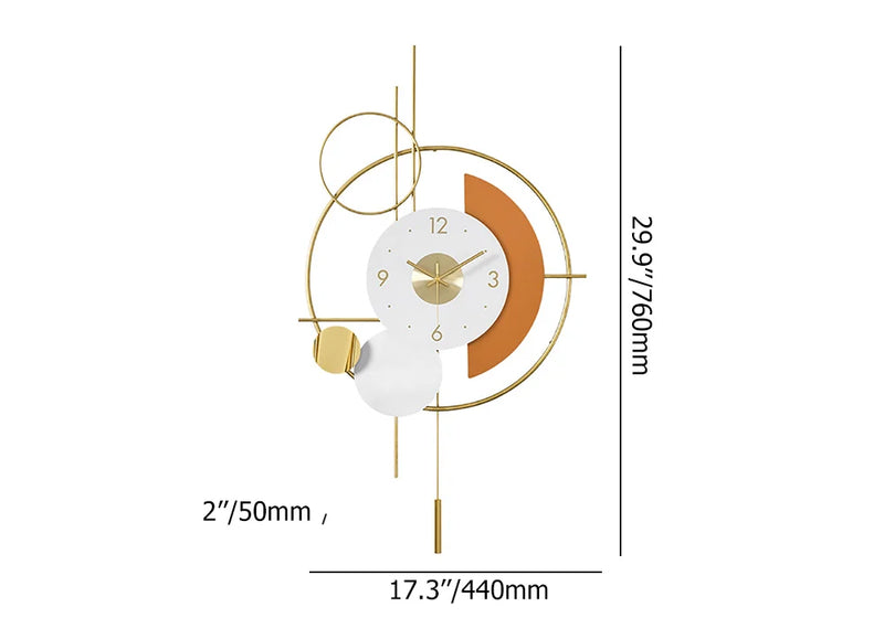 3D Mute Metal Wall Clock with Gold Pendulum Modern Round Decor Art Living Room Bedroom