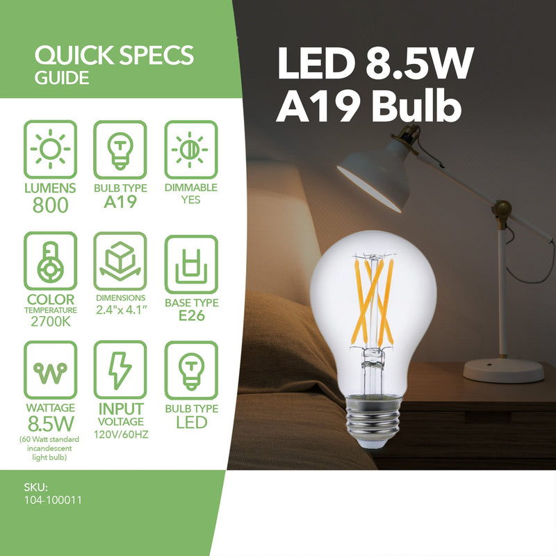 LED Filament Bulb - A19 - 60 Watt Equivalent - E26 - Dimmable