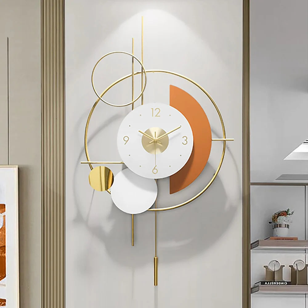 3D Mute Metal Wall Clock with Gold Pendulum Modern Round Decor Art Living Room Bedroom