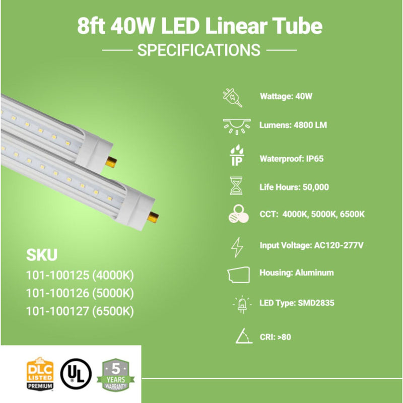 8ft 40W LED Linear Tube - 4800 Lumens - Fa8 Socket - Bypass - V2 - (ETL DLC 5.1)