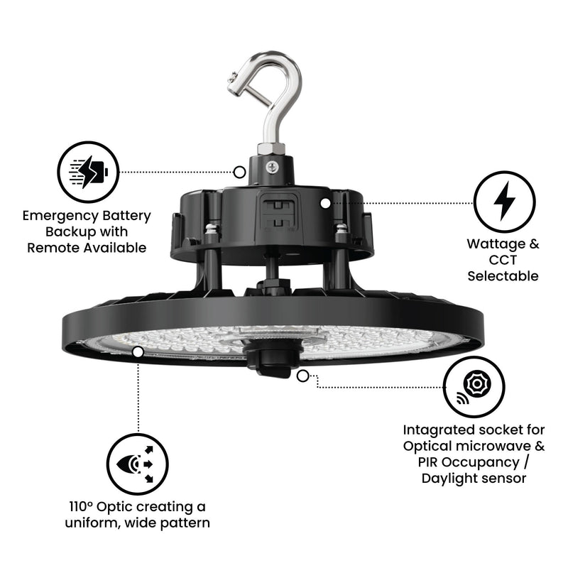 Aries G3 LED UFO High Bay, 150/200/240 Wattage Selectable, 120-277V, 33600 Lumen, CCT Selectable, Black Finish