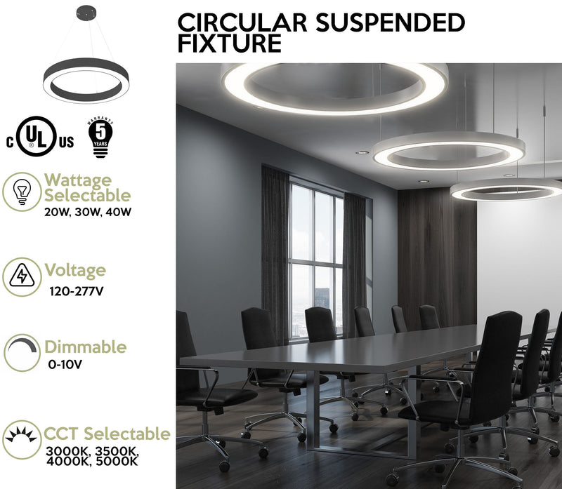 24" LED Round Suspended Fixture, 4000 Lumen Max, Wattage and CCT Selectable,  120-277V, White or Black Finish