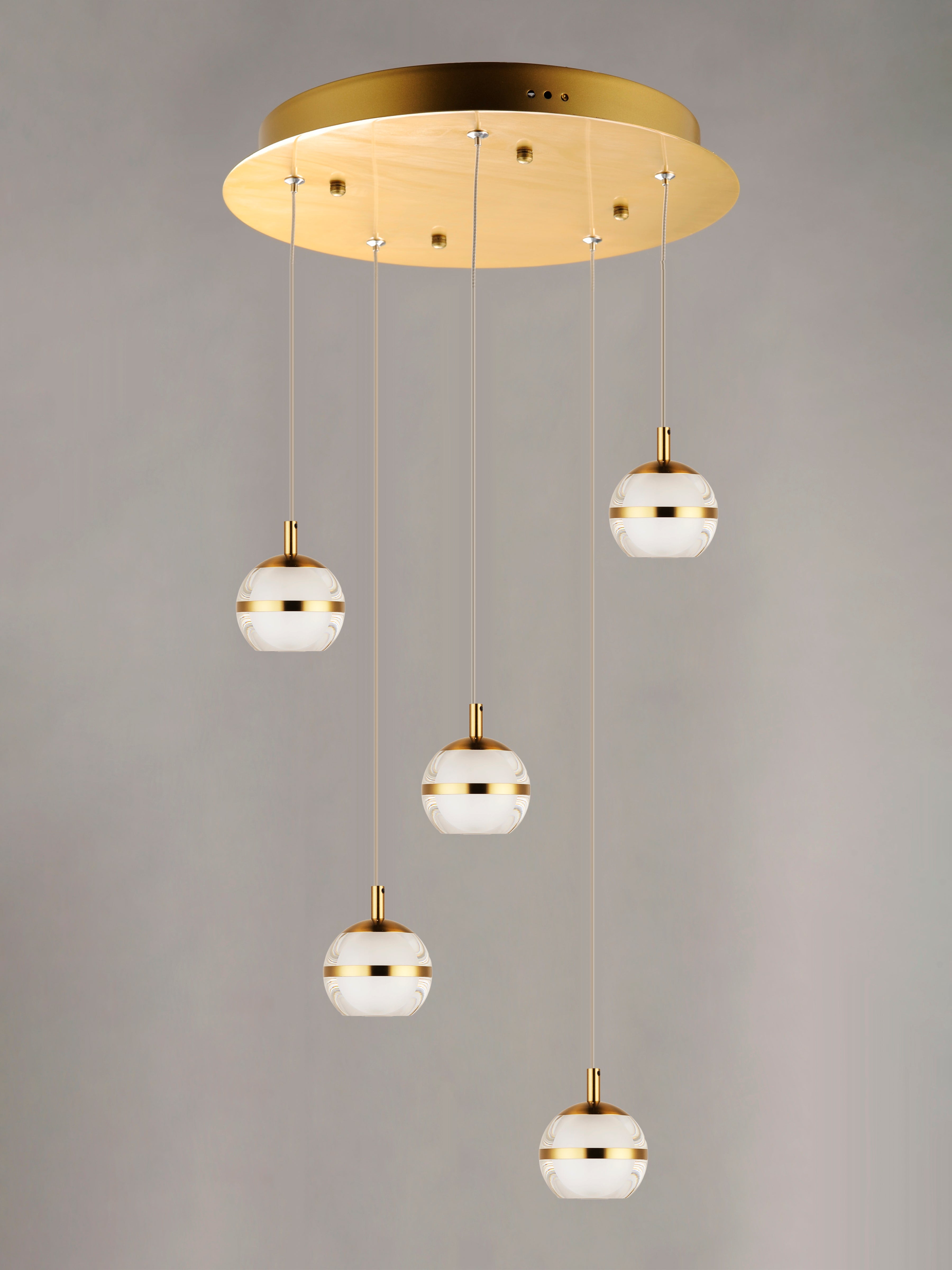 Swank 5-Light Pendant, 2,400 Lumens, 30W, 3000K CCT, 120V, Polished Chrome or Natural Aged Brass Finish