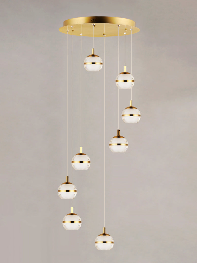 Swank 8-Light Pendant, 3,840 Lumens, 48W, 3000K CCT, 120V, Polished Chrome, or Natural Aged Brass Finish