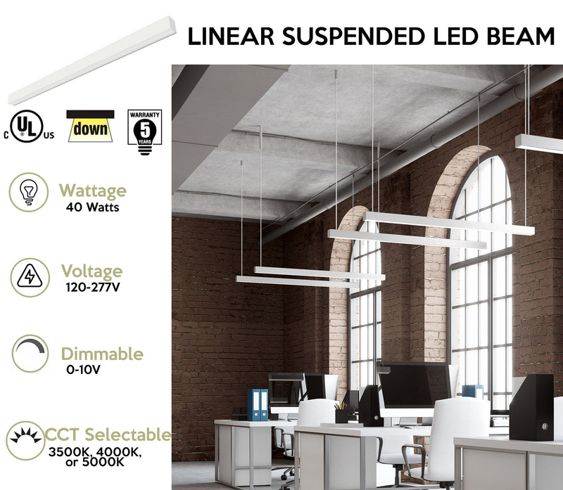 4 FT Linear Suspended LED Beam, 4600 Lumen Max, 40W, CCT Selectable, 0-10V Dimmable, 120-277V, Transparent Frosted Housing, Power Feed Cable Included