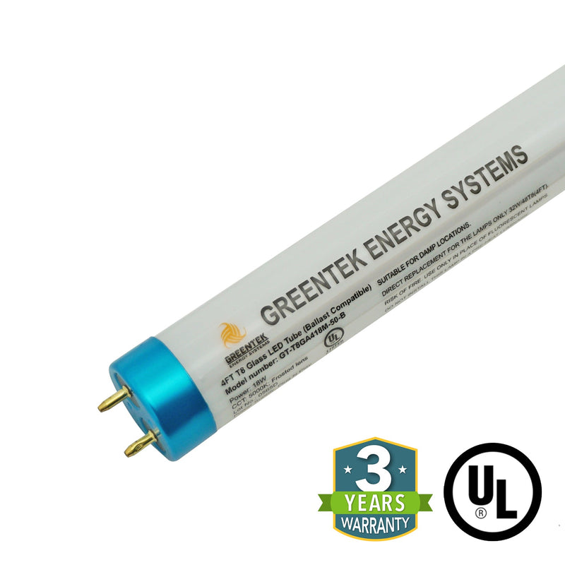 4ft 18W LED Linear Tube - Glass - Ballast Compatible Only - Safety Thermal Fuses - Plug N Play - Will ONLY Work With A Ballast - (UL Type A)