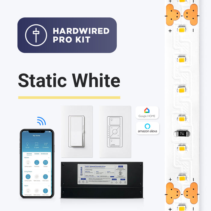 Static White - Hardwired Wall Dimmer Pro Strip Light Kit 32 FEET REEL