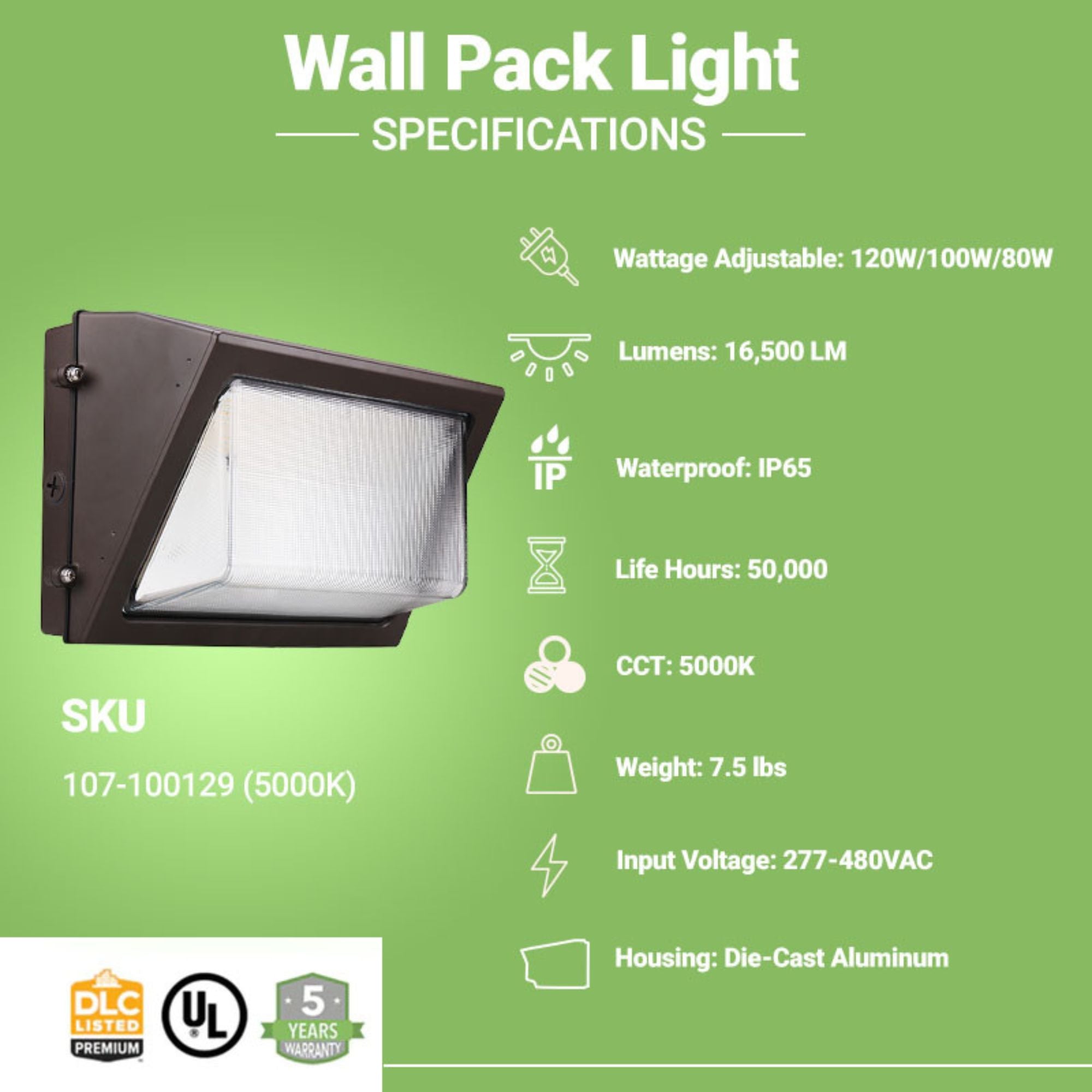 LED Wall Pack Light - Wattage Tunable (120W/100W/80W) - 135LM/W - Photocell Included - High Voltage - SWP5 - Glass Lens - Forward Throw - DLC 5.1 Listed