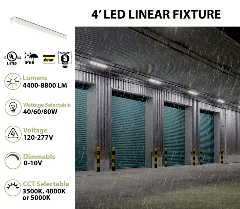 4 FT LED Linear Fixture, IP66 Rated, 8800 Lumen Max, Wattage and CCT Selectable, Surface Mounted, 120-277V