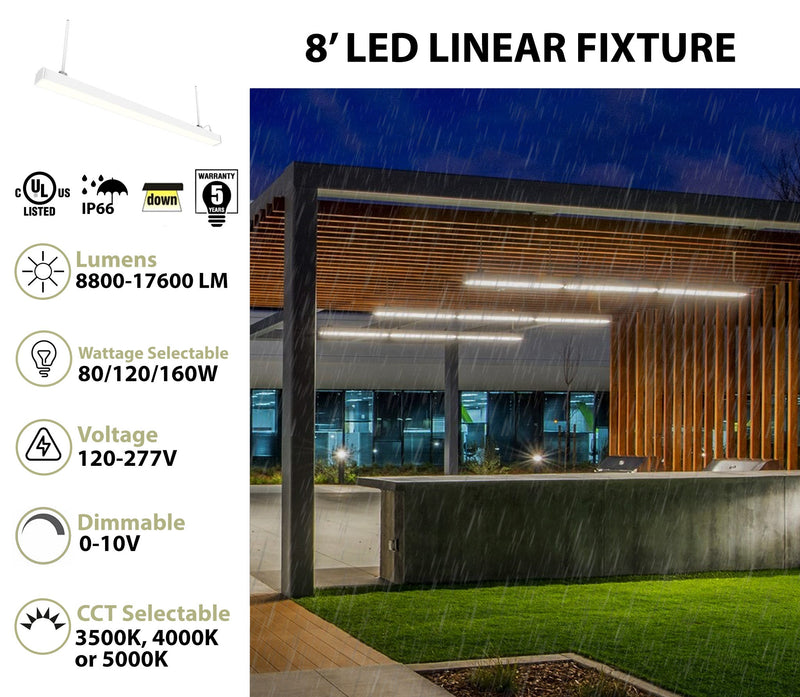 8 FT LED Linear Fixture, IP66 Rated, 17,600 Lumen Max, Wattage and CCT Selectable, Suspended Mount with Linking Kit Option, 120-277V