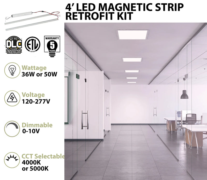 4 FOOT LED MAGNETIC STRIP RETROFIT KIT FOR LINEAR FIXTURES, 36W OR 50W, 120-277V, 4000K OR 5000K