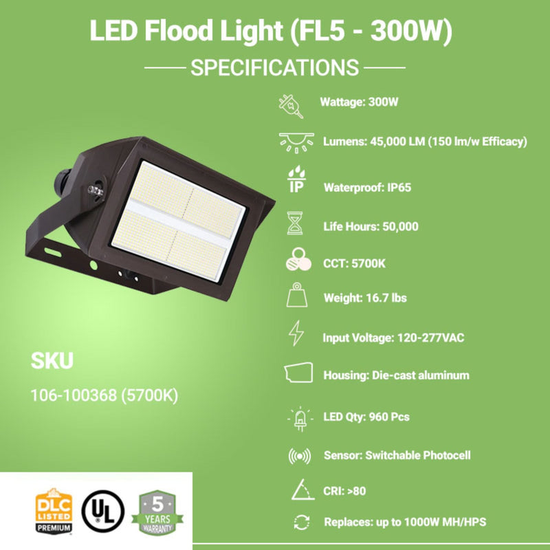 LED Flood Light - FL5 - 300W - 45,000 LM -  Flood Mount - UL DLC 5.1