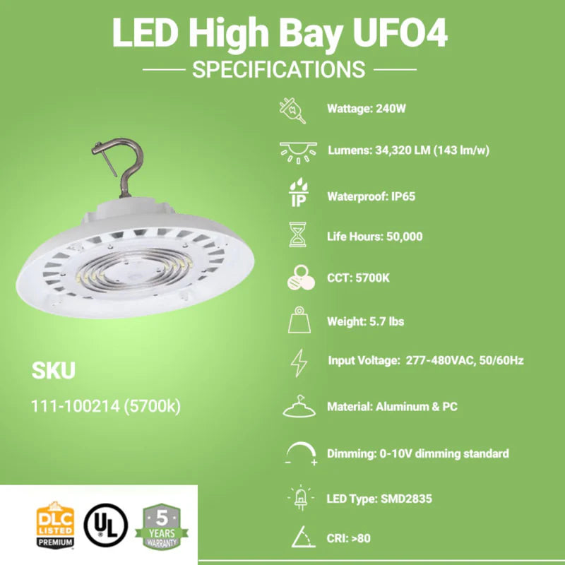 240W LED UFO High Bay Light - 34,320 Lumens, High Voltage, Hook Mount, IP65, UL & DLC 5.1 Certified