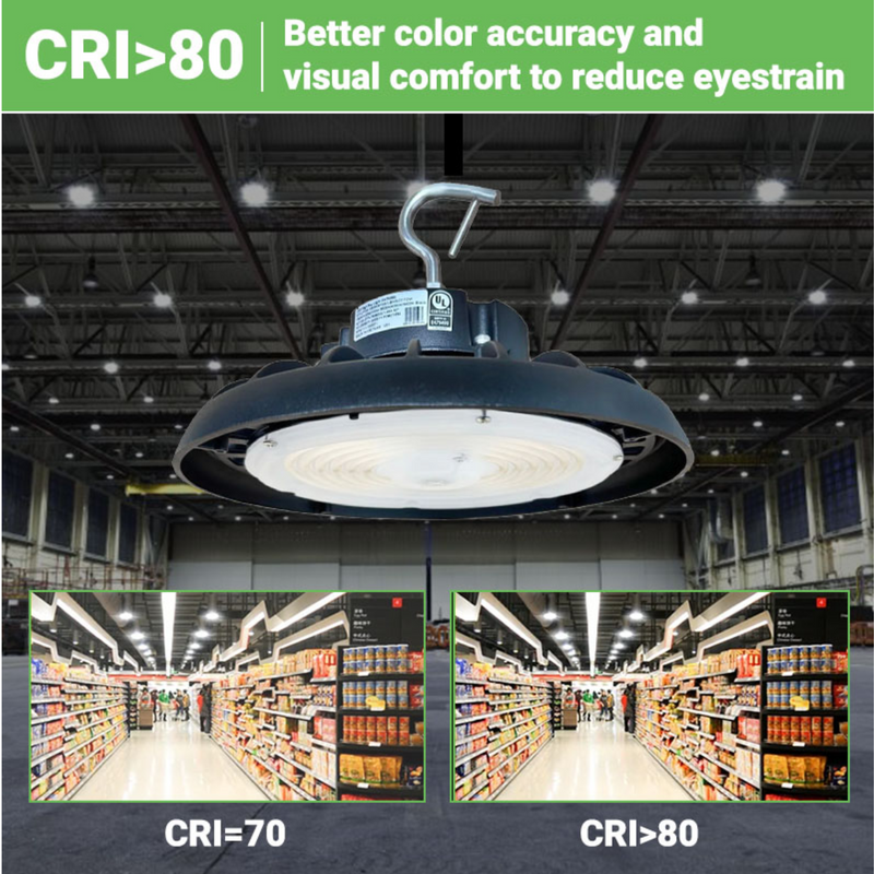 LED High Bay - 148lm/w - Wattage Tunable (150W/120W/100W) - CCT Selectable (5000K/4000K/3500K) - UFO5 - Hook Mount - Black - UL DLC 5.1