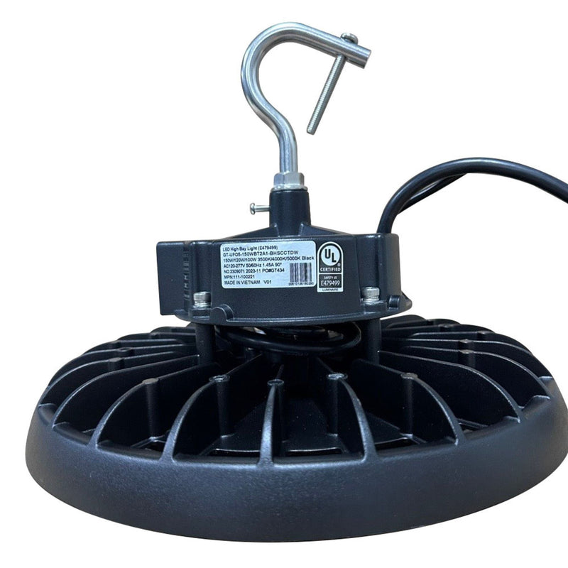 LED High Bay - 148lm/w - Wattage Tunable (150W/120W/100W) - CCT Selectable (5000K/4000K/3500K) - UFO5 - Hook Mount - Black - UL DLC 5.1