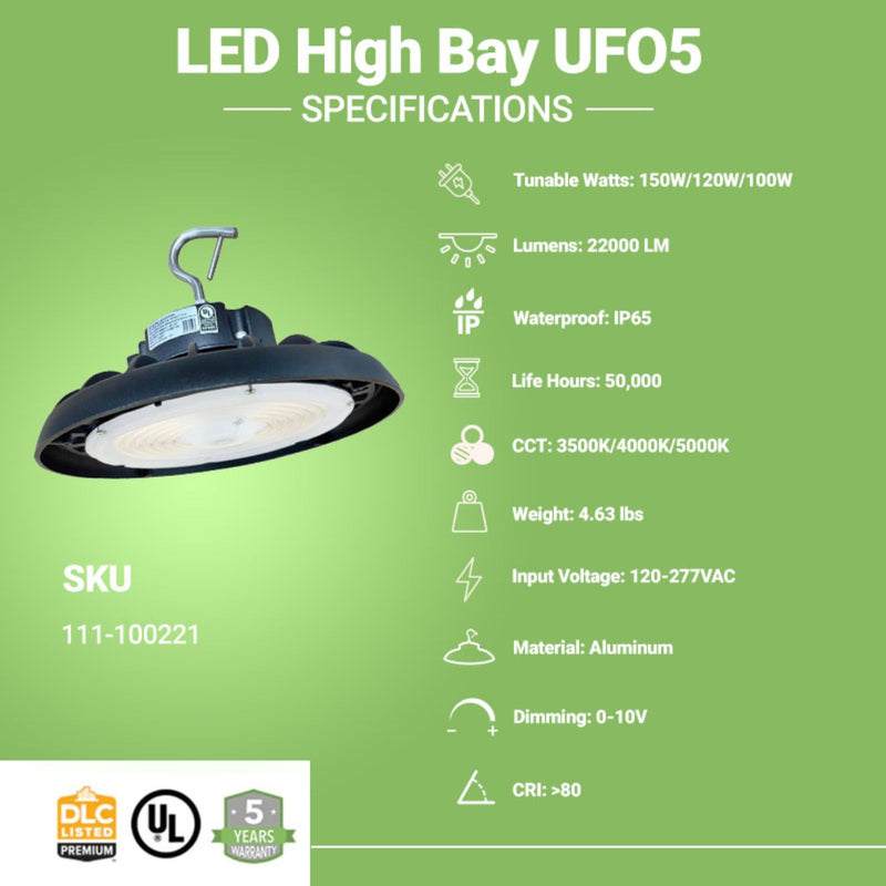 LED High Bay - 148lm/w - Wattage Tunable (150W/120W/100W) - CCT Selectable (5000K/4000K/3500K) - UFO5 - Hook Mount - Black - UL DLC 5.1