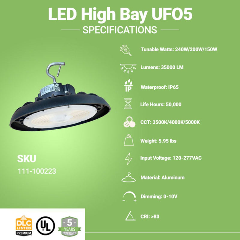 LED High Bay - 160 lm/w - Wattage Tunable (240W/200W/150W) - CCT Selectable (5000K/4000K/3500K)  - UFO5 - Hook Mount - Black - UL DLC 5.1