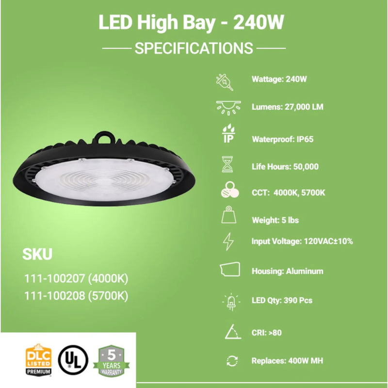 LED High Bay - 240W - 5 Pack - 27,000 Lumens - Slim UFO - Hook Mount - UFO Series - UL