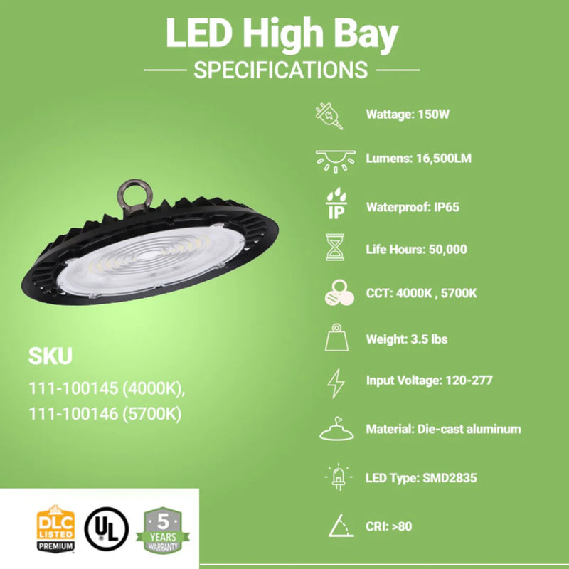 LED High Bay - 150W - 4 Pack - 16,500 Lumens - Slim UFO - Hook Mount - UFO Series - UL