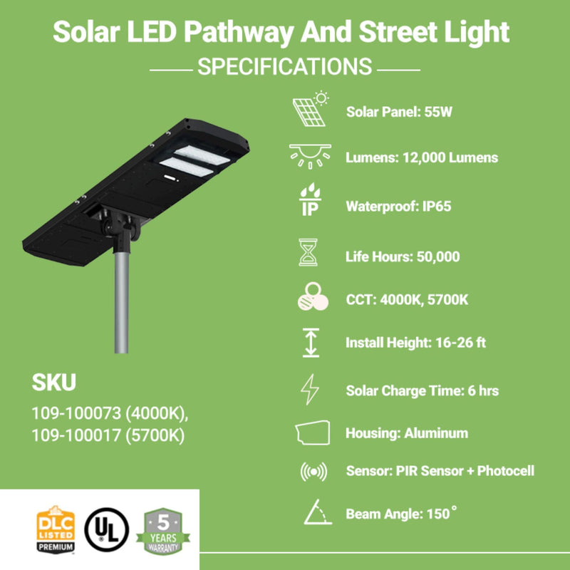 LED Solar Pathway And Street Light with 55W Solar Panel and Remote Control - 12,000 Lumens