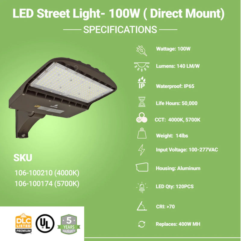 LED Street Light - 100W - 14,000 Lumens - Shorting Cap - Direct Mount - AL2 Series - UL+DLC