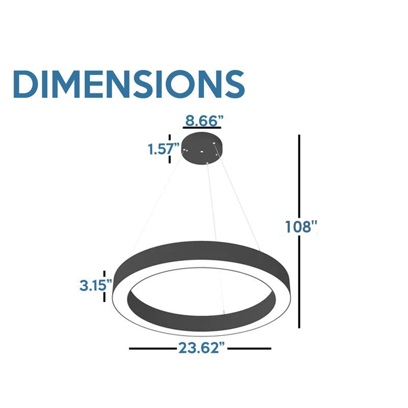 24" LED Round Suspended Fixture, 4000 Lumen Max, Wattage and CCT Selectable,  120-277V, White or Black Finish