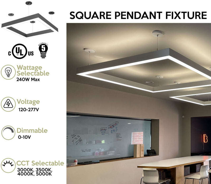 4x4 Square Pattern LED Linear Direct/Indirect Pendant Fixture, 29,900 Lumens, 260 Watt, 120-277V, 4CCT Selectable, White or Black Finish