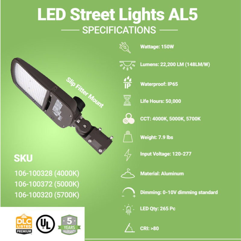 LED Street Light - 150W - 22,200 Lumens - Shorting Cap - Slip Fitter Mount - AL5 Series - UL+DLC 5.1