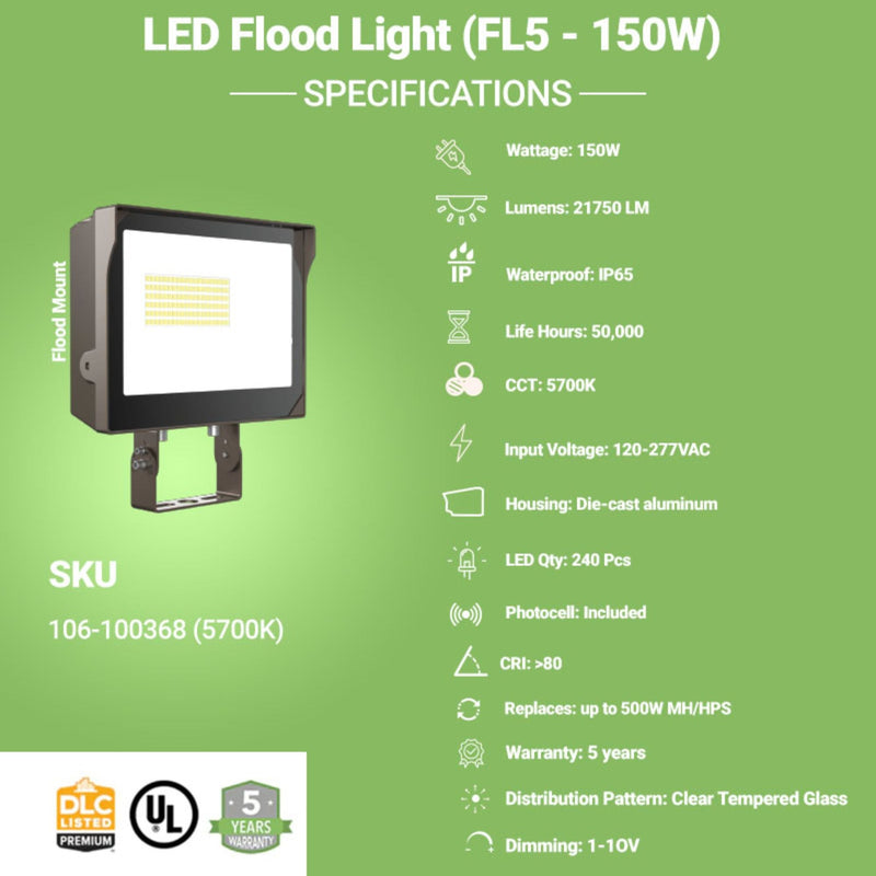 LED Flood Light - FL5 - 150W - 21,750 LM -  Flood Mount - Photocell Included - UL DLC 5.1