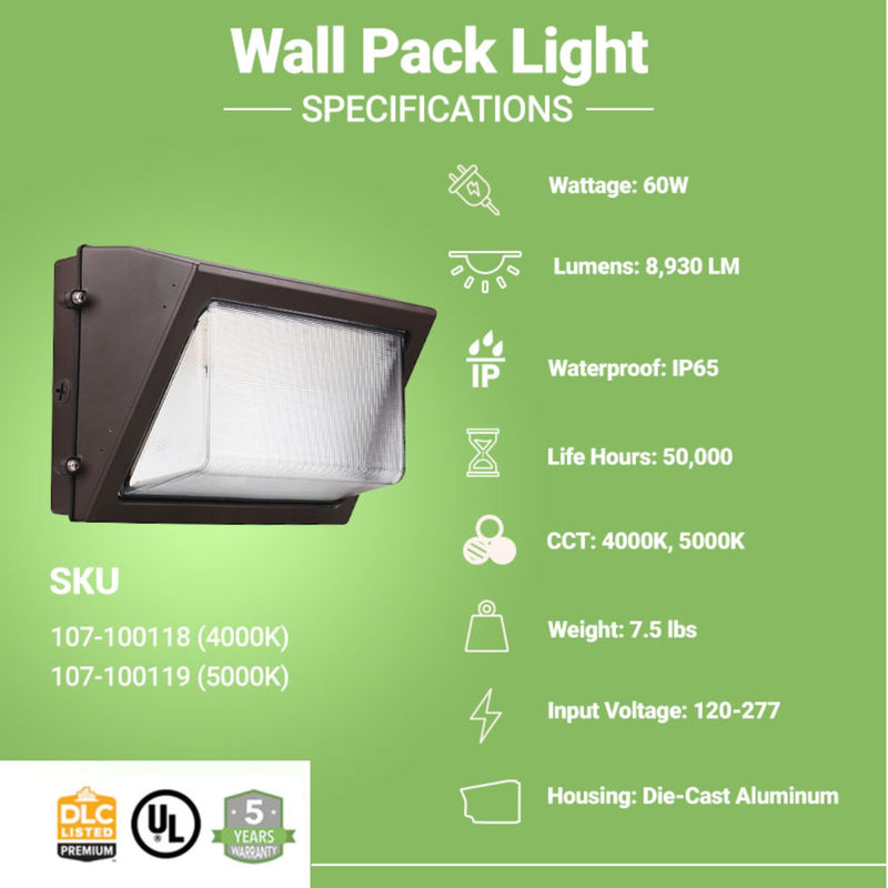 LED Wall Pack Light - 60W - 8,930 Lumens - Photocell Included - SWP5 - Forward Throw - DLC Listed