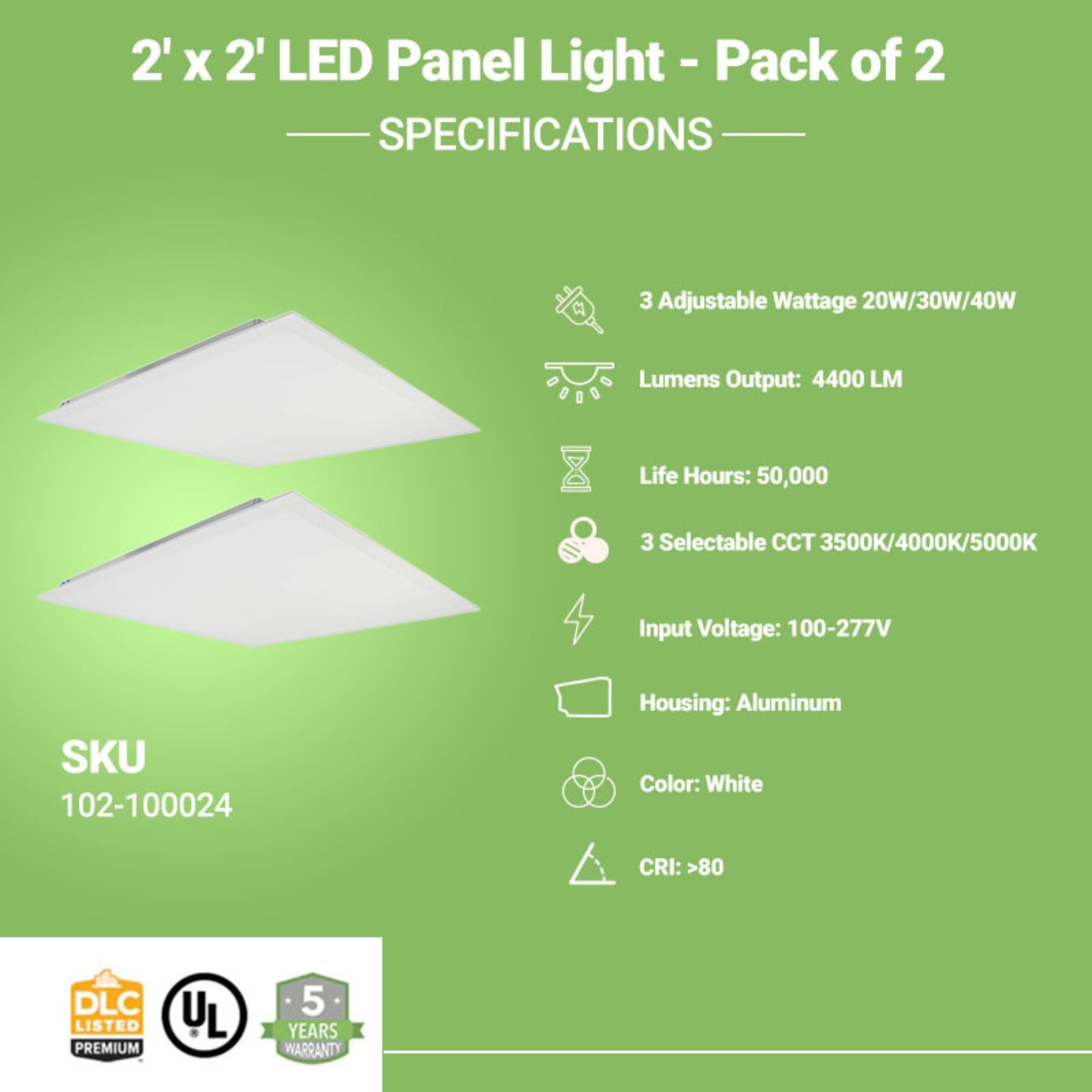 2' x 2' LED Panel Light - 2 Pack - Wattage Tunable (20W/30W/40W) and CCT Selectable (3500/4000/5000K)- Dimmable - (ETL+ DLC 5.1) v2