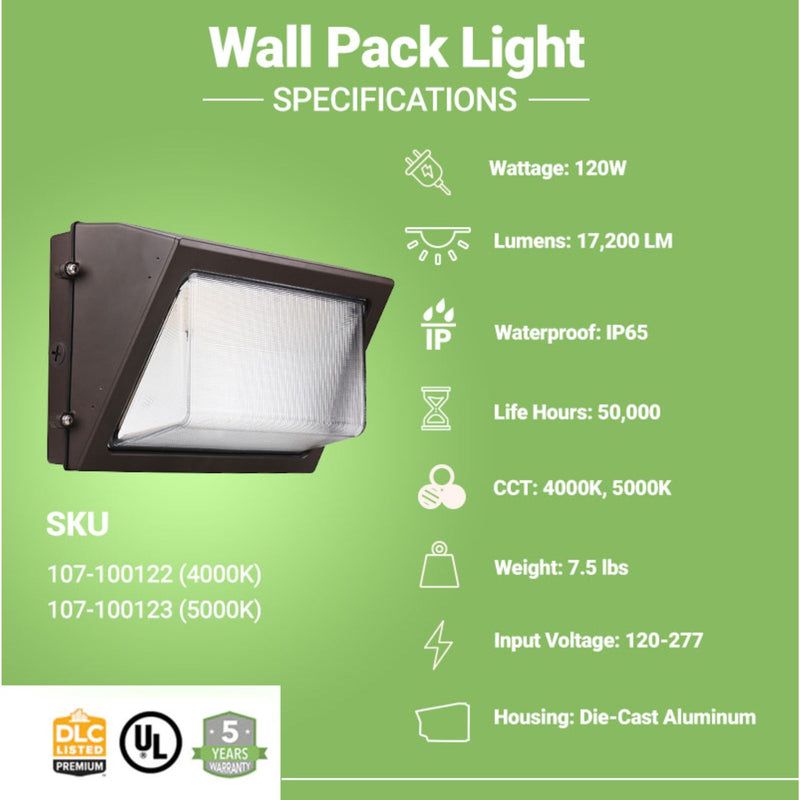 LED Wall Pack Light - 120W - 17,200 Lumens - Photocell Included - SWP5 - Glass Lens - Forward Throw - DLC 5.1 Listed