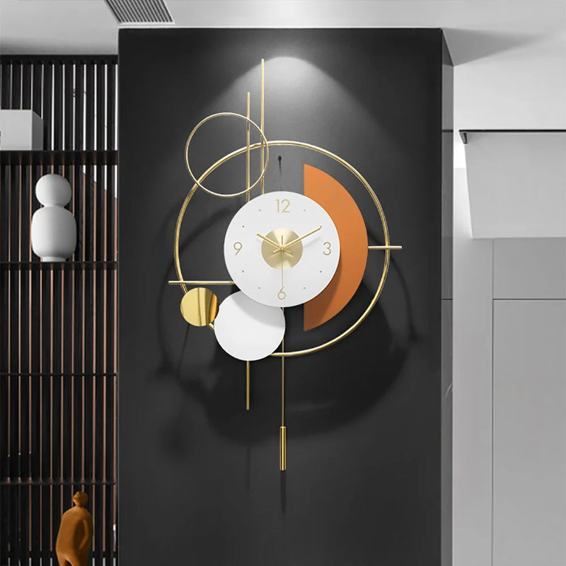 3D Mute Metal Wall Clock with Gold Pendulum Modern Round Decor Art Living Room Bedroom