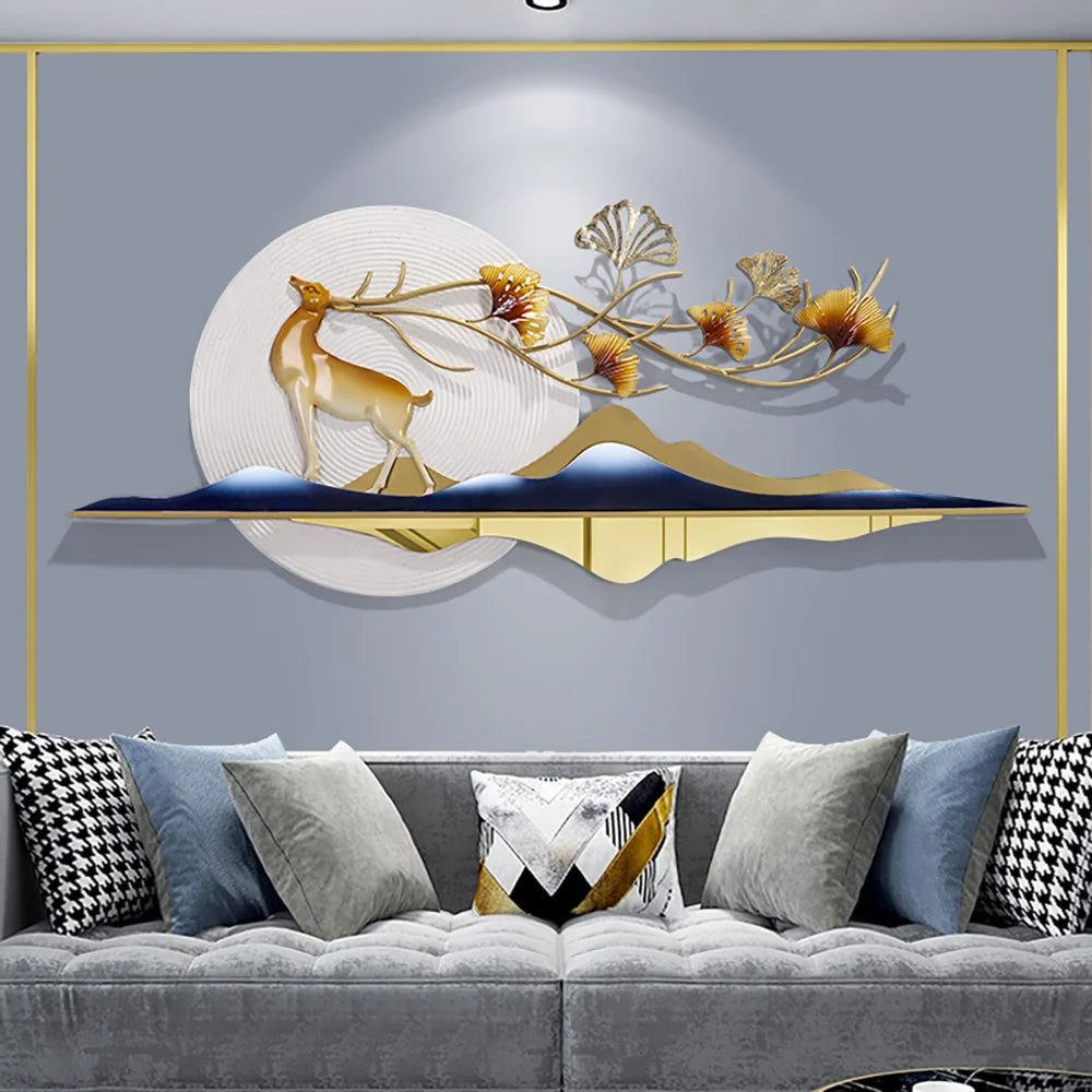 55" Modern Metal Wall Decor with Hollow-Out Ginkgo Leaves & Deer for Living Room