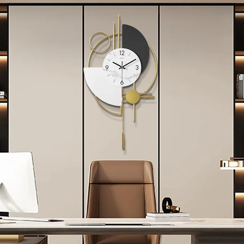 3D Mute Metal Wall Clock with Gold Pendulum Modern Round Decor Art Living Room Bedroom