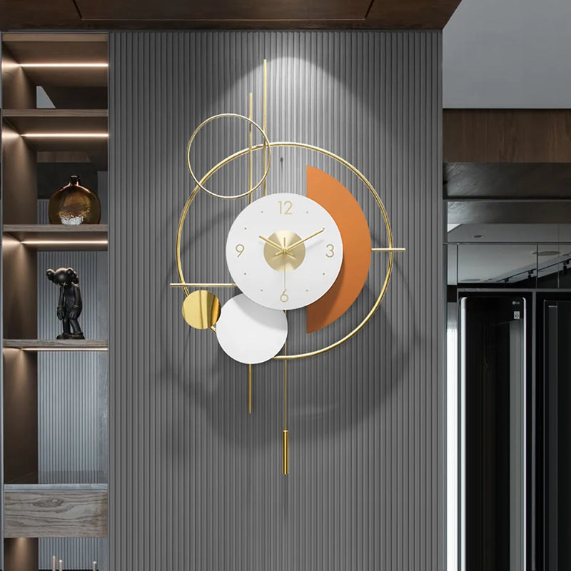 3D Mute Metal Wall Clock with Gold Pendulum Modern Round Decor Art Living Room Bedroom