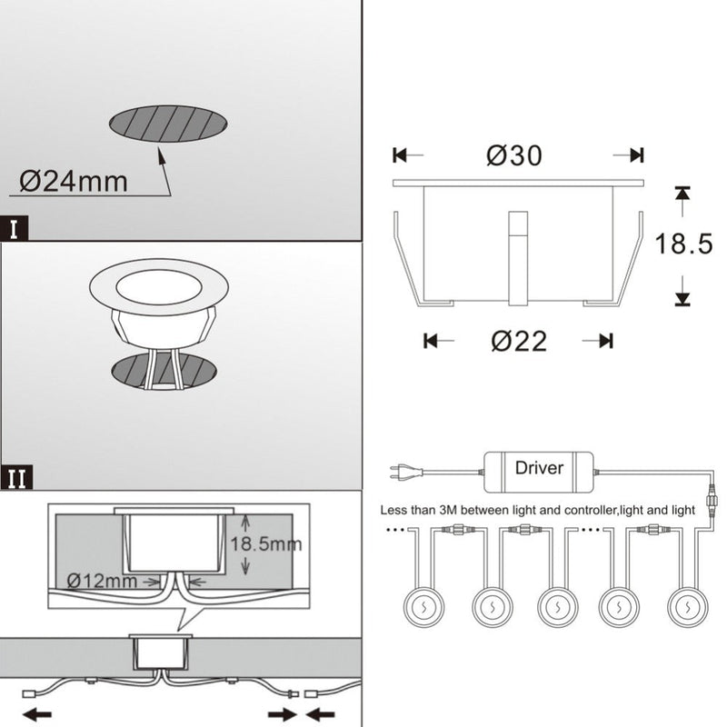 LED Deck Light - Landscape Light - Recessed In Ground Patio Kit - 10 Pc + Driver