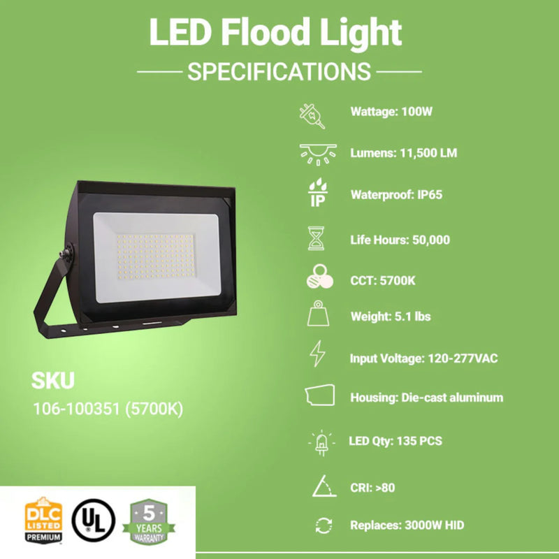 LED Flood Light for Outdoors - 100W - 11500LM - Flood Mount - (UL)